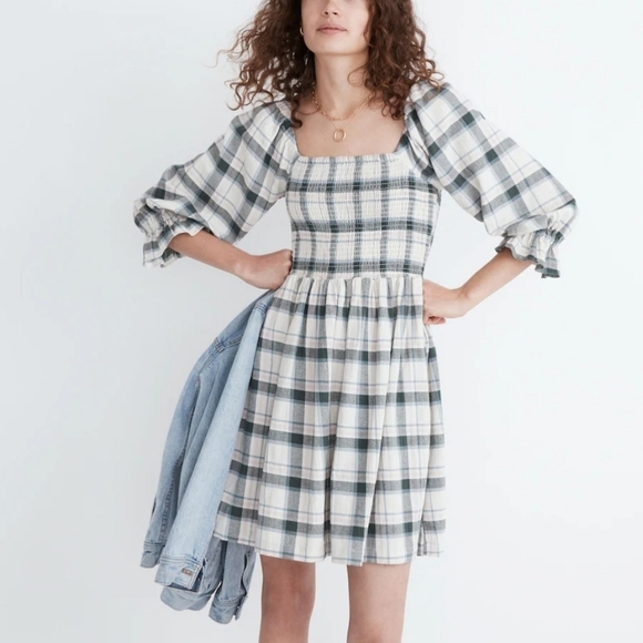 Madewell Lucie Elbow-Sleeve Smocked Mini Dress in Lebaum Plaid Women's Size M - Picture 1 of 9